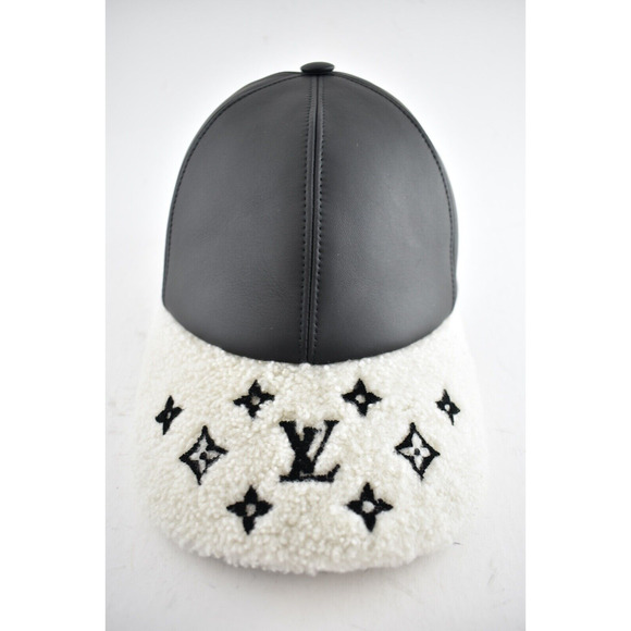 Louis Vuitton Black Leather Shearling Fur Monogram Logo Visor Baseball Cap Hat M